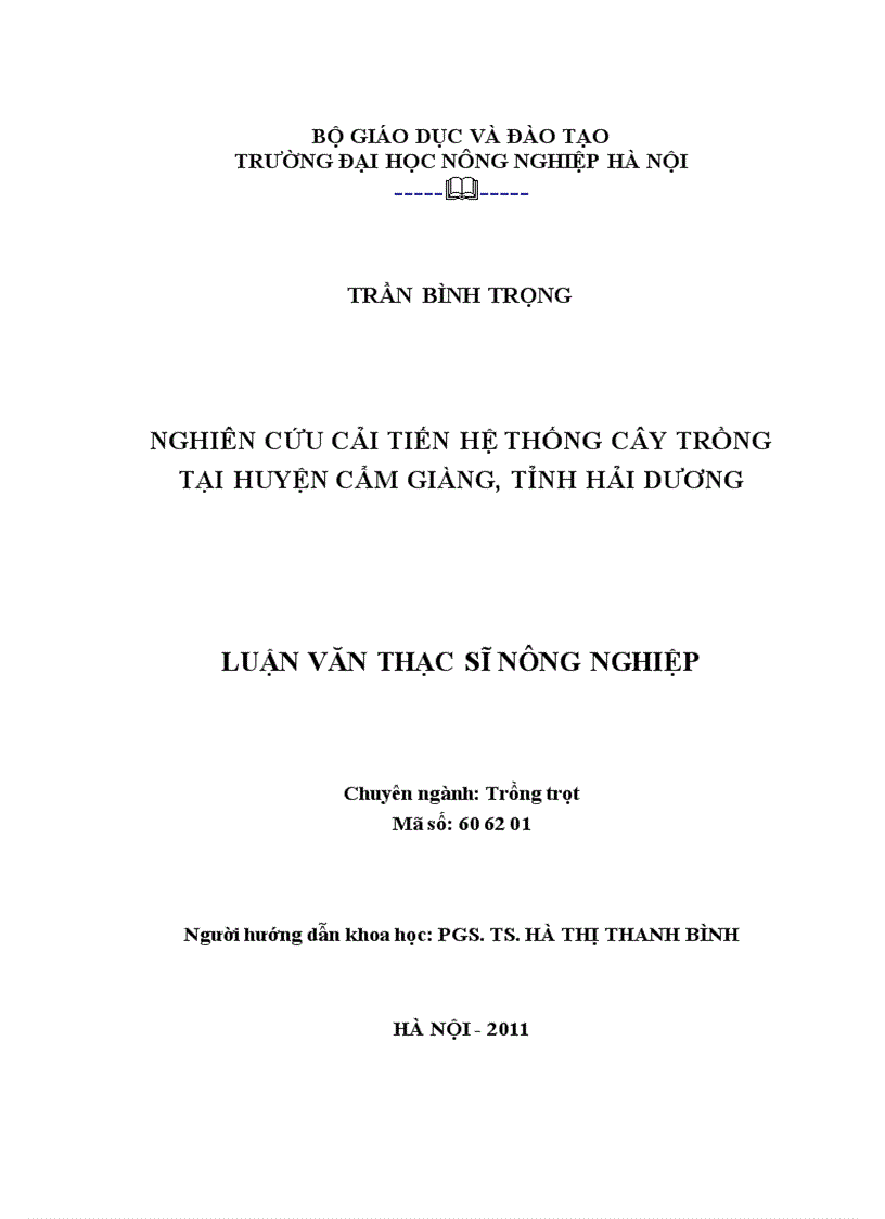 Nghiên cứu cải tiến hệ thống cây trồng tại huyện cẩm giàng tỉnh hải dương