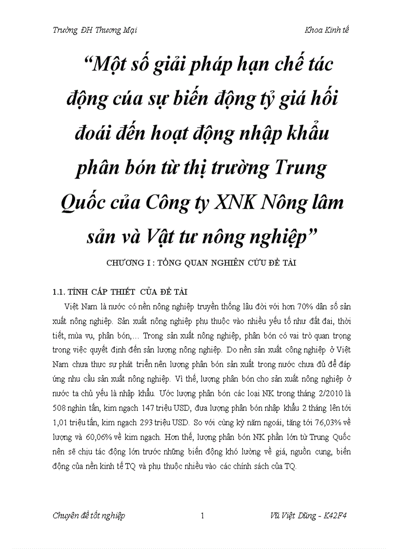 Một số giải pháp hạn chế tác động cúa sự biến động tỷ giá hối đoái đến hoạt động nhập khẩu phân bón từ thị trường Trung Quốc của Công ty XNK Nông lâm sản và Vật tư nông nghiệp