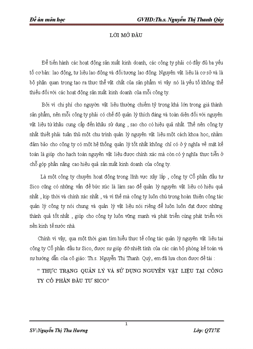 Thực trạng quản lý và sử dụng nguyên vật liệu tại công ty cổ phần đầu tư sico