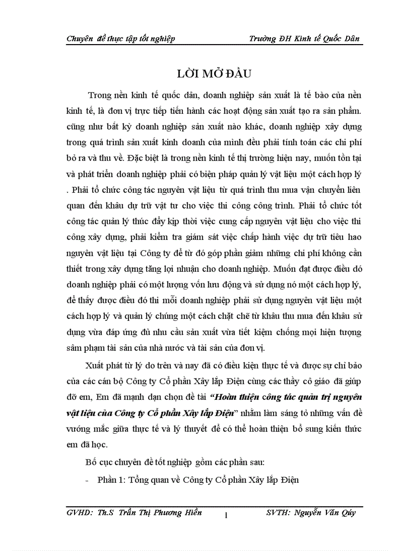 Hoàn thiện công tác quản trị nguyên vật liệu của Công ty Cổ phần Xây lắp Điện 1