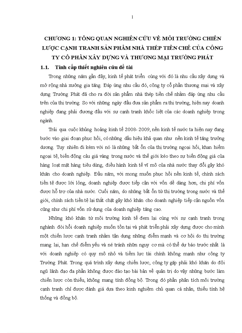 Hoàn thiện phân tích môi trường chiến lược cạnh tranh sản phẩm nhà thép tiền chế của Công ty cổ phần xây dựng và thương mạ i Trường Phát