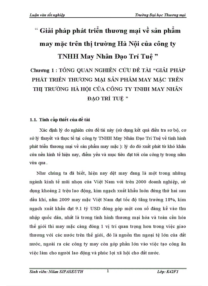 Giải pháp phát triển thương mại về sản phẩm may mặc trên thị trường Hà Nội của công ty TNHH May Nhân Đạo Trí Tuệ