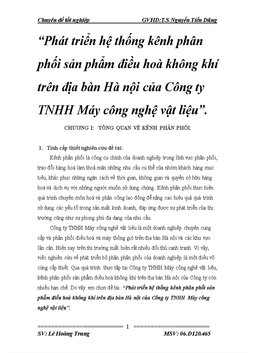 Phát triển hệ thống kênh phân phối sản phẩm điều hoà không khí trên địa bàn Hà nội của Công ty TNHH Máy công nghệ vật liệu