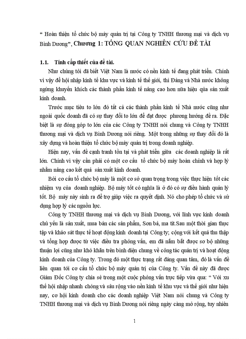 Hoàn thiện tổ chức bộ máy quản trị tại Công ty TNHH thương mại và dịch vụ Bình Dương 1