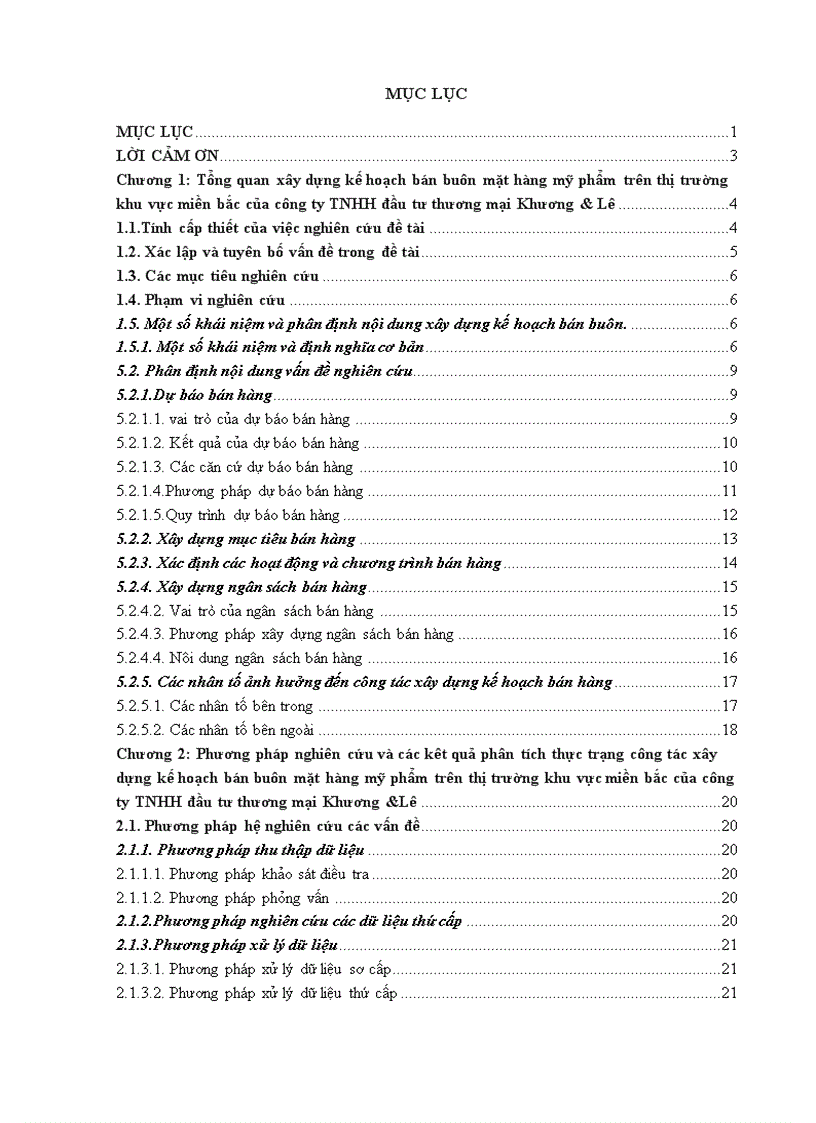 Đề tài Giải pháp hoàn thiện xây dựng kế hoạch bán buôn mặt hàng mỹ phẩm trên thịtrường khu vực miền bắc của công ty TNHH đầu tư thương mại Khương Lê