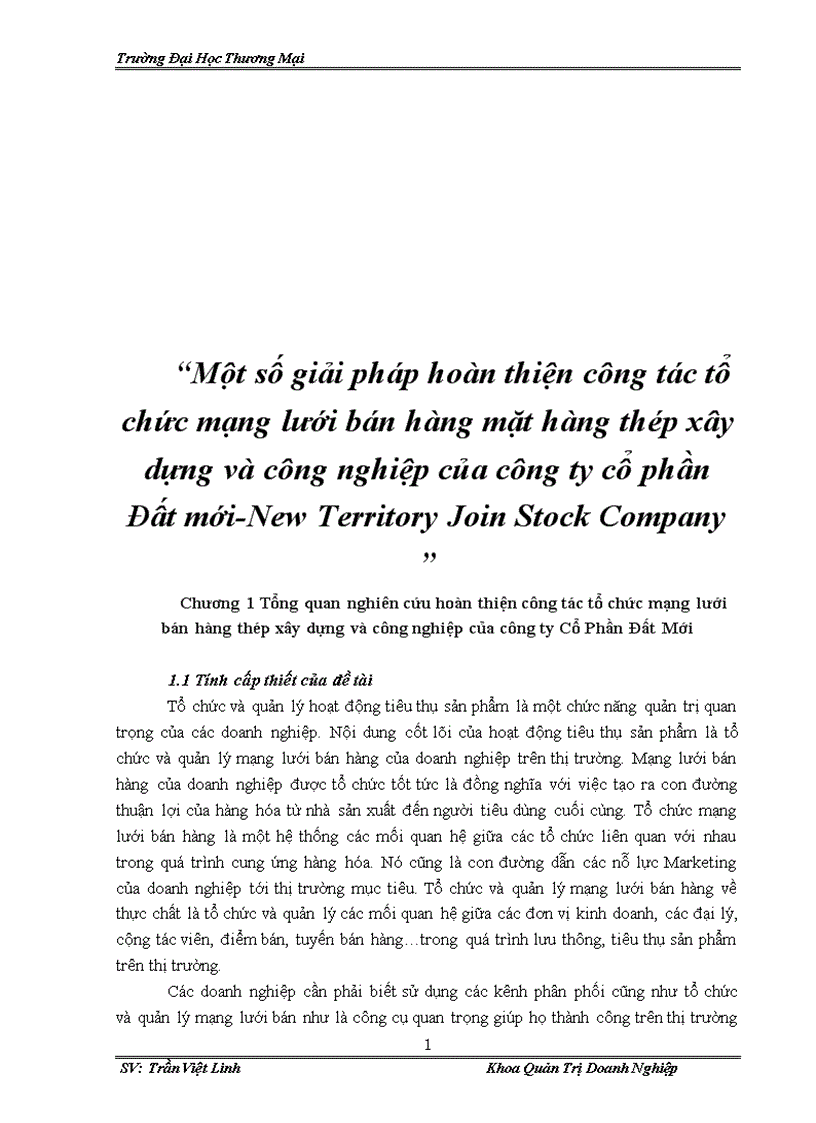 Một số giải pháp hoàn thiện công tác tổ chức mạng lưới bán hàng mặt hàng thép xây dựng và công nghiệp của công ty cổ phần Đất mới New Territory Join Stock Company