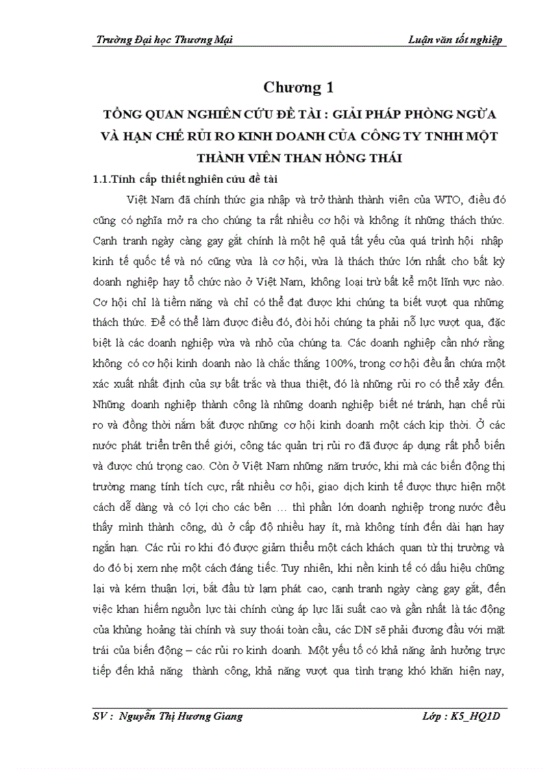 Giải pháp phòng ngừa và hạn chế rủi ro trong kinh doanh của công ty TNHH một thành viên than Hồng Thái