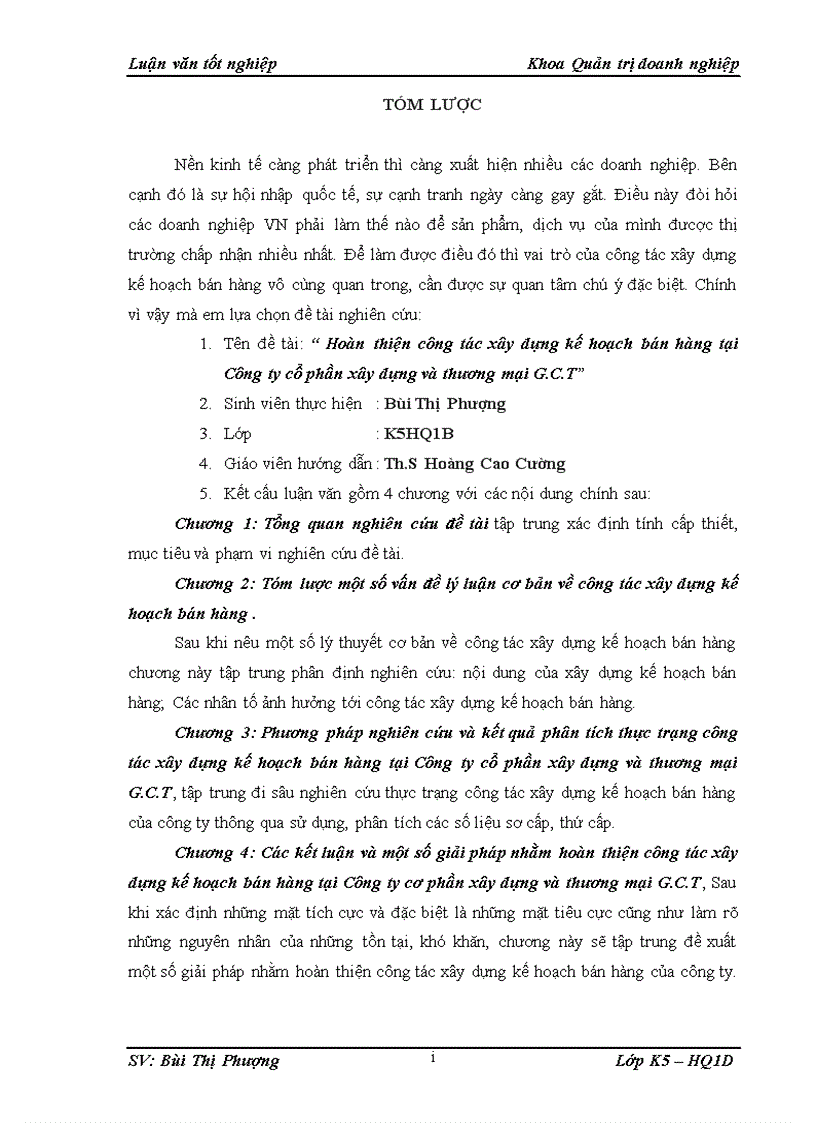 Đề tài Hoàn thiện công tác xây dựng kế hoạch bán hàng tại Công ty cổ phần xây dựng và thương mại G C T