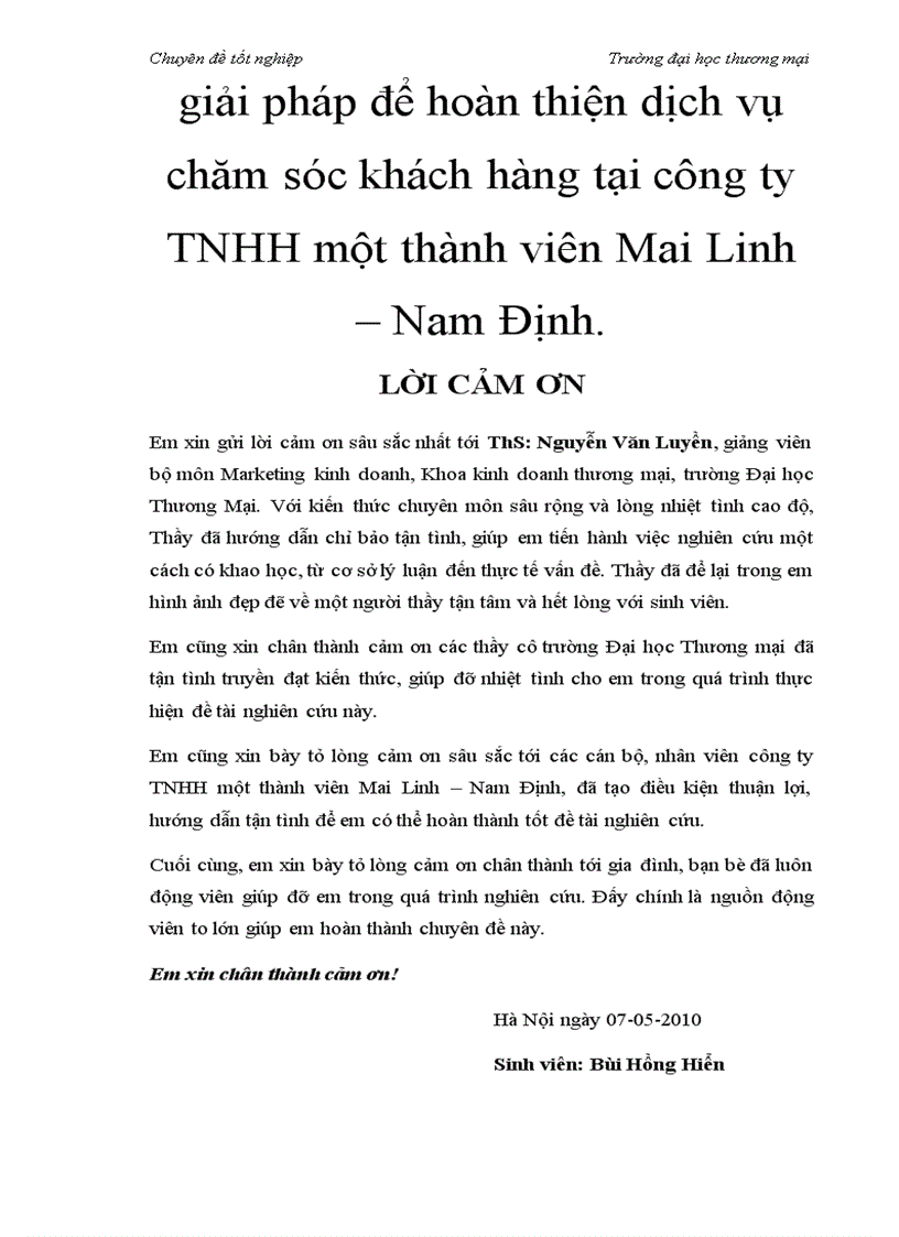 Giải pháp để hoàn thiện dịch vụ chăm sóc khách hàng tại công ty TNHH một thành viên Mai Linh Nam Định