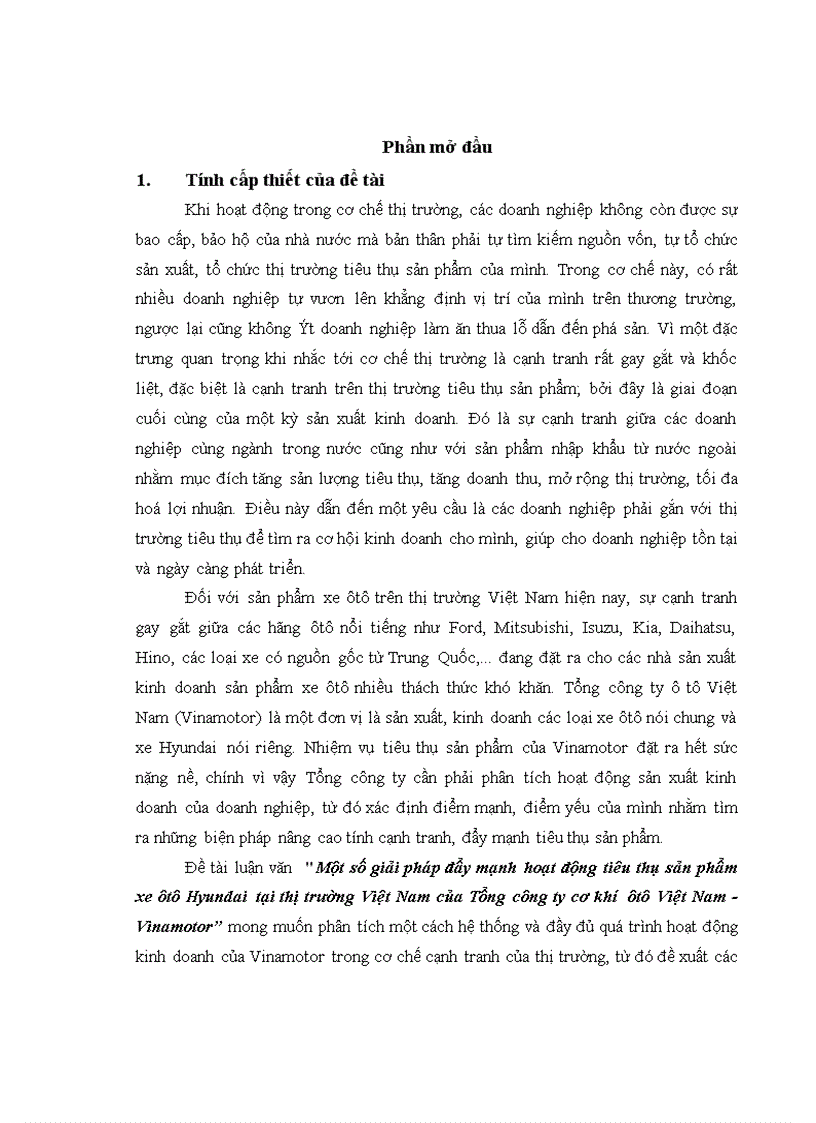 Một số giải pháp đẩy mạnh hoạt động tiêu thụ sản phẩm xe ôtô Hyundai tại thị trường Việt Nam của Tổng công ty cơ khí ôtô Việt Nam Vinamotor