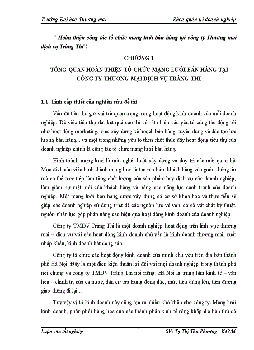 Hoàn thiện công tác tổ chức mạng lưới bán hàng tại công ty Thương mại dịch vụ Tràng Thi 1