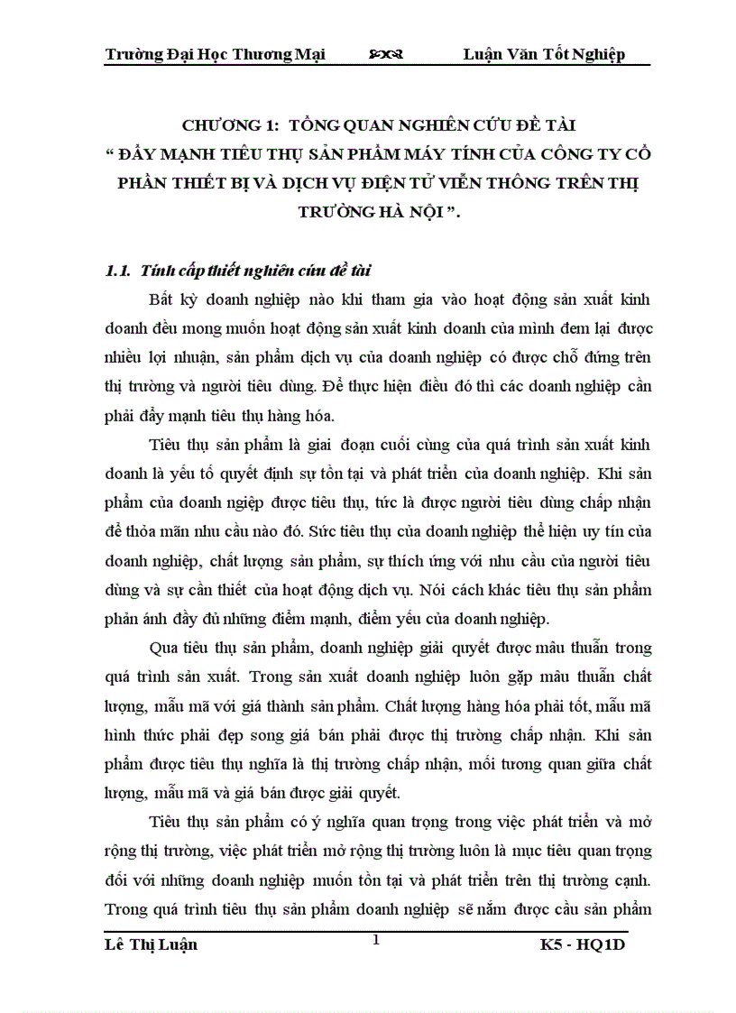 Đẩy mạnh tiêu thụ sản phẩm máy tính của công ty cổ phần thiết bị và dịch vụ điện tử viễn thông trên thị trường hà nội 1