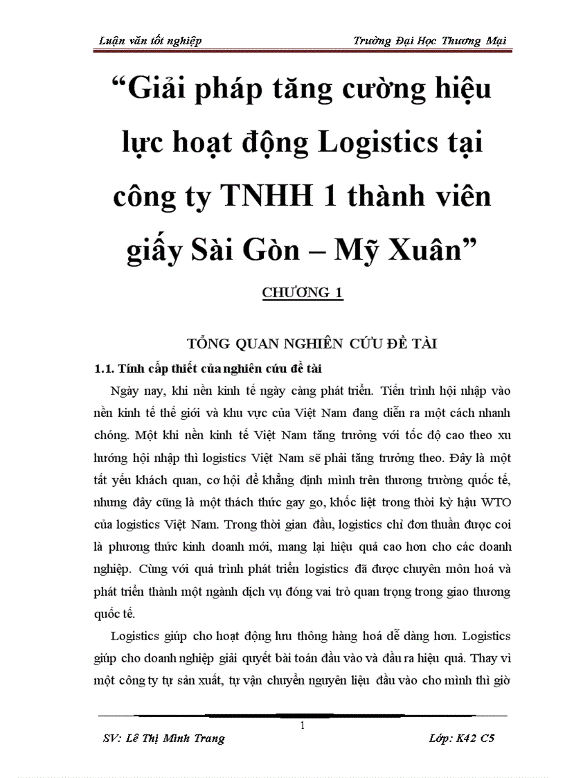 Giải pháp tăng cường hiệu lực hoạt động Logistics tại công ty TNHH 1 thành viên giấy Sài Gòn Mỹ Xuân 1