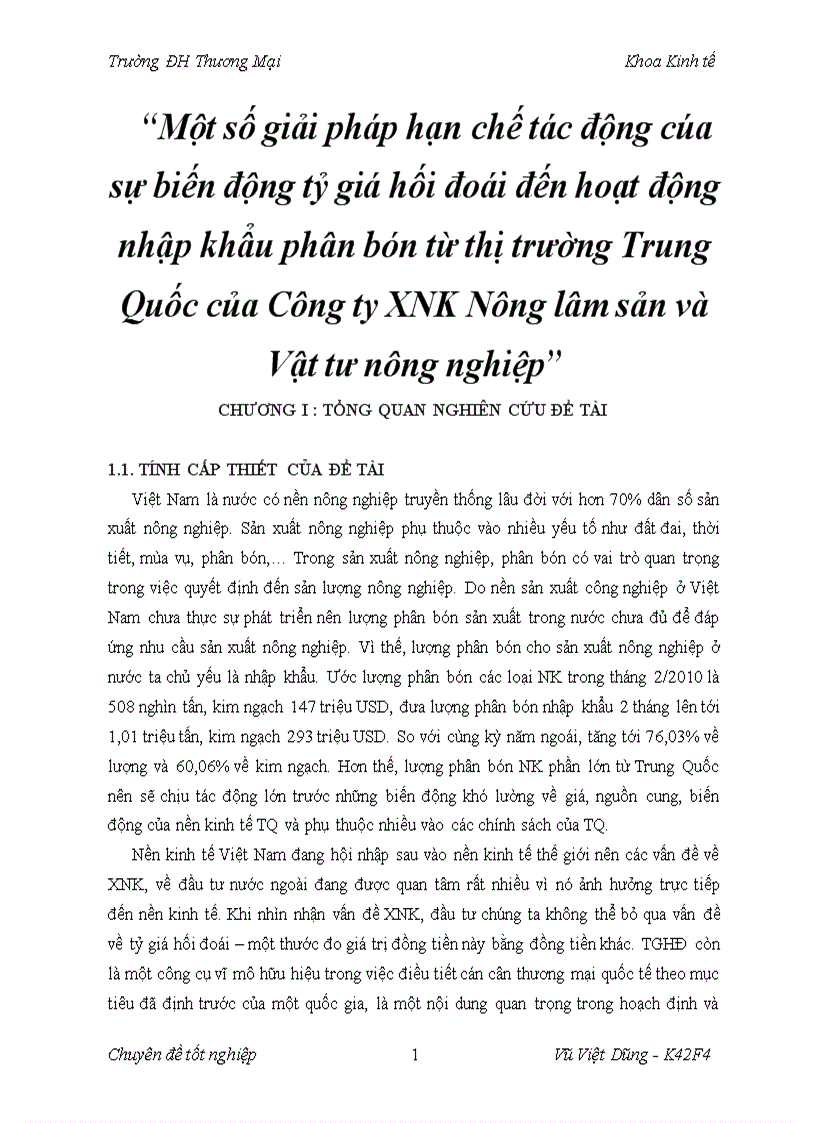 Một số giải pháp hạn chế tác động cúa sự biến động tỷ giá hối đoái đến hoạt động nhập khẩu phân bón từ thị trường Trung Quốc của Công ty XNK Nông lâm sản và Vật tư nông nghiệp