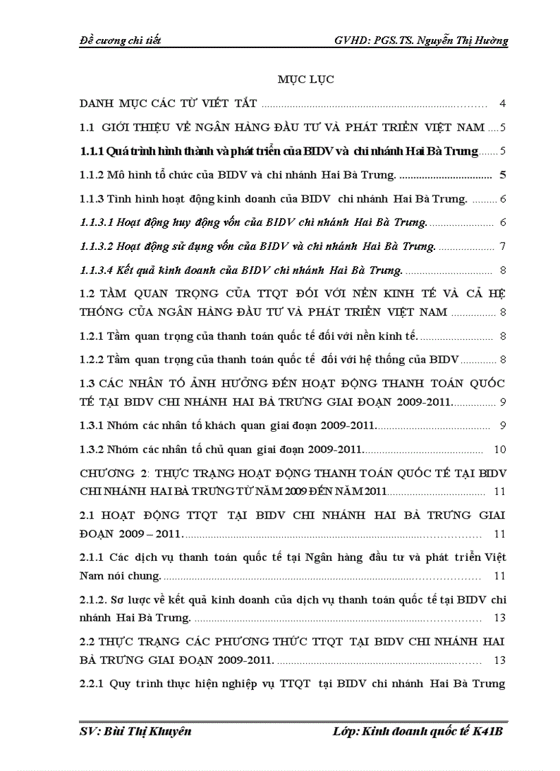 Đề cương THỰC TRẠNG HOẠT ĐỘNG THANH TOÁN QUỐC TẾ TẠI BIDV CHI NHÁNH HAI BÀ TRƯNG TỪ NĂM 2009 ĐẾN NĂM 201