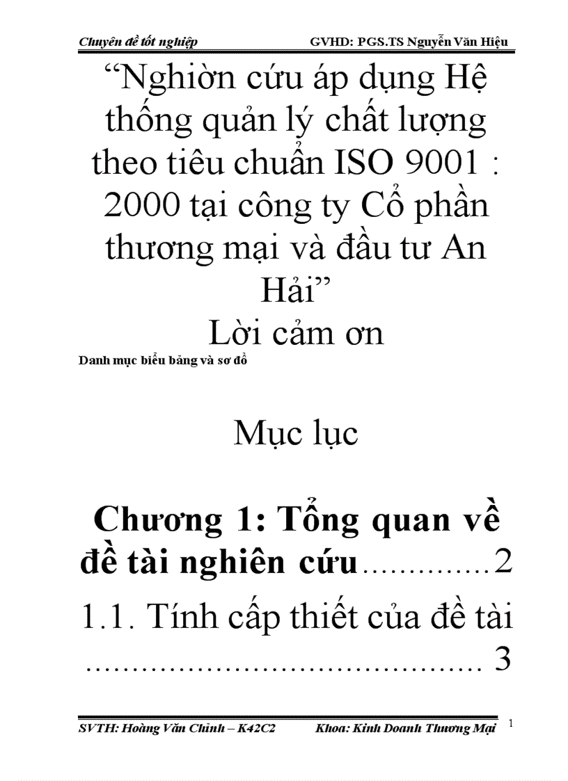 Nghiên cứu áp dụng Hệ thống quản lý chất lượng theo tiêu chuẩn ISO 9001 2000 tại công ty Cổ phần thương mại và đầu tư An Hải