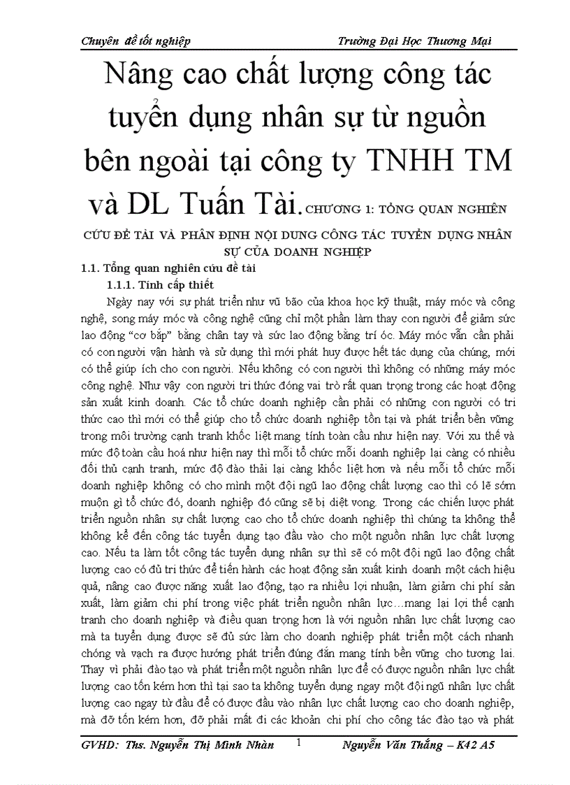 Nâng cao chất lượng công tác tuyển dụng nhân sự từ nguồn bên ngoài tại công ty TNHH TM và DL Tuấn Tài 4