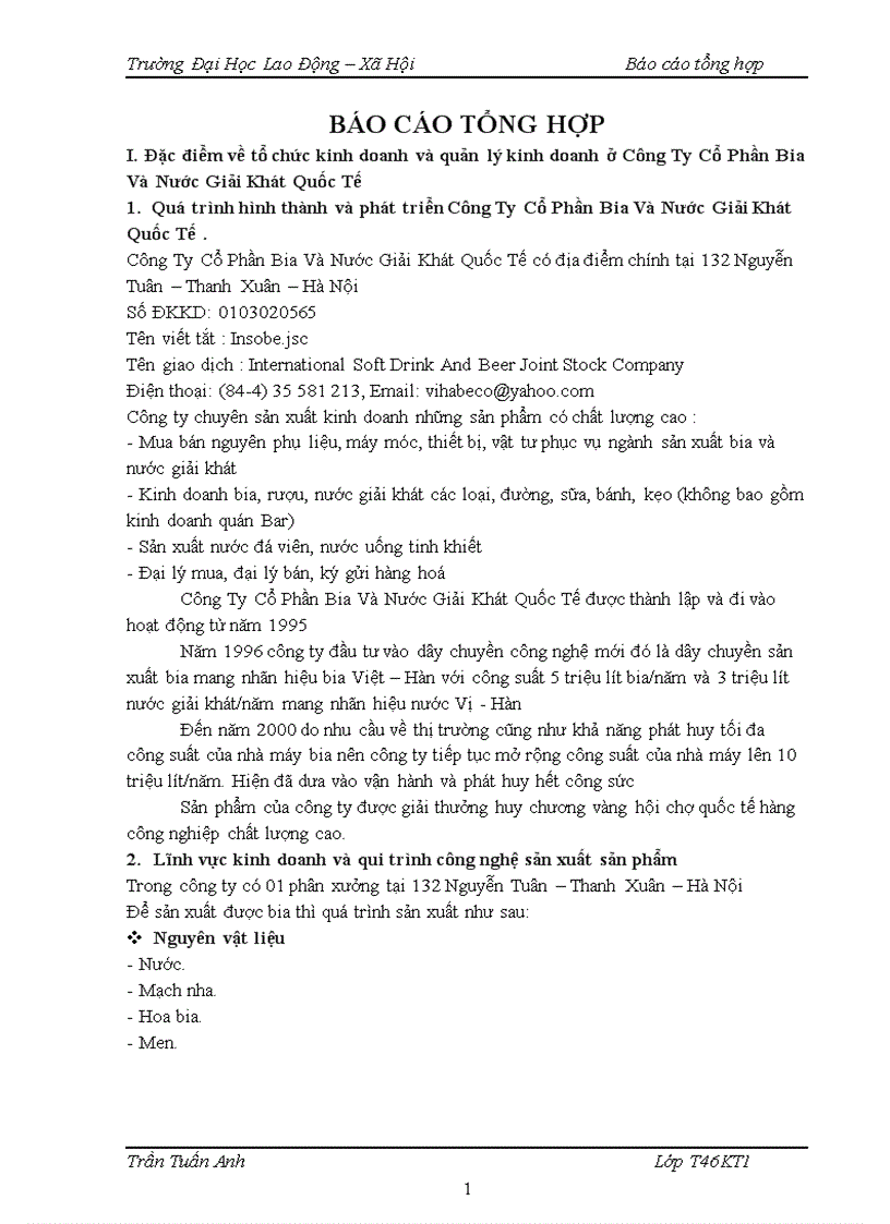 Đặc điểm về tổ chức kinh doanh và quản lý kinh doanh ở Công Ty Cổ Phần Bia Và Nước Giải Khát Quốc Tế