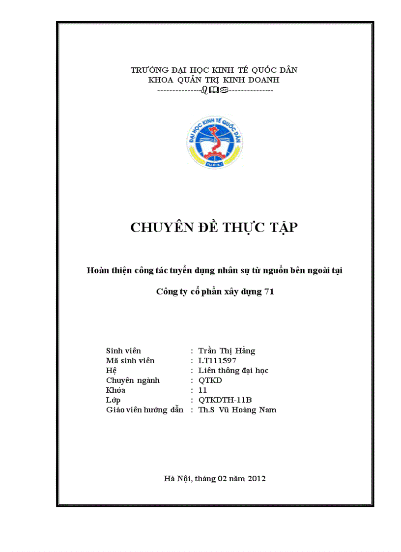 Hoàn thiện công tác tuyển dụng nhân sự từ nguồn bên ngoài tại Công ty cổ phần xây dựng 7