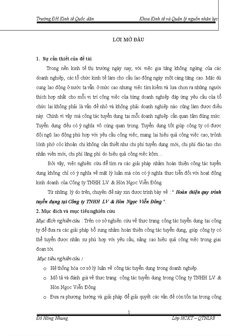 Hoàn thiện quy trình tuyển dụng tại Công ty TNHH LV Hòn Ngọc Viễn Đông