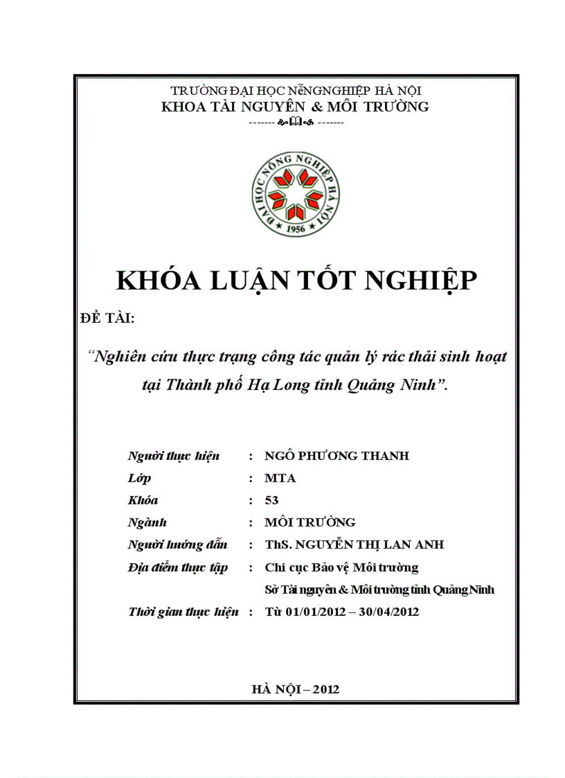 Nghiên cứu thực trạng công tác quản lý rác thải sinh hoạt tại Thành phố Hạ Long tỉnh Quảng Ninh