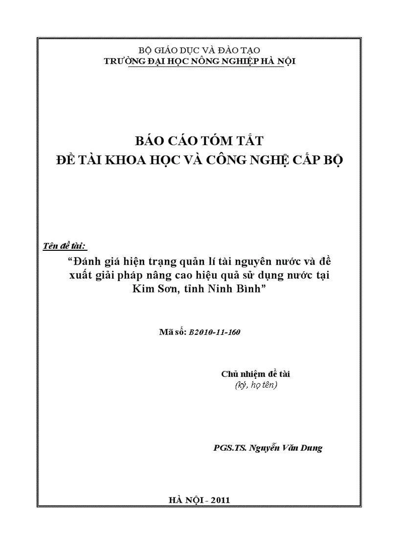 Đánh giá hiện trạng quản lí tài nguyên nước và đề xuất giải pháp nâng cao hiệu quả sử dụng nước tại Kim Sơn tỉnh Ninh Bình