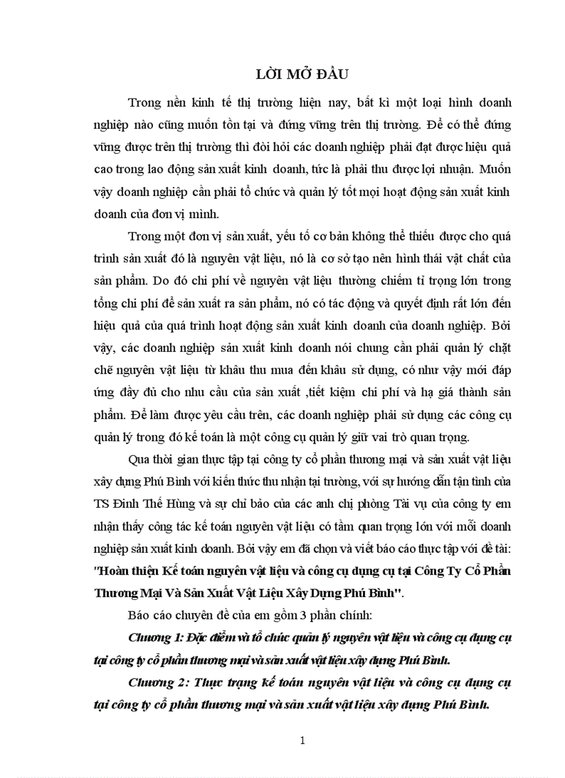 Hoàn thiện Kế toán nguyên vật liệu và công cụ dụng cụ tại Công Ty Cổ Phần Thương Mại Và Sản Xuất Vật Liệu Xây Dựng Phú Bình 1