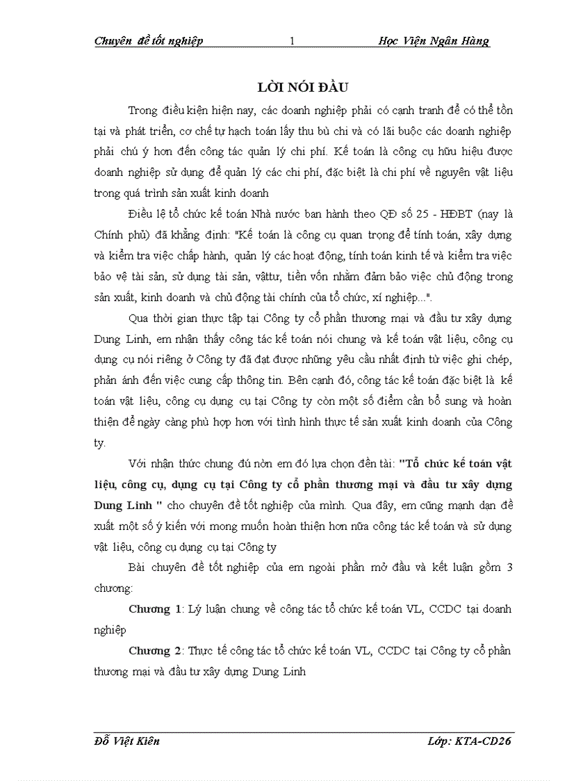 Tổ chức kế toán vật liệu công cụ dụng cụ tại Công ty cổ phần thương mại và đầu tư xây dựng Dung Linh
