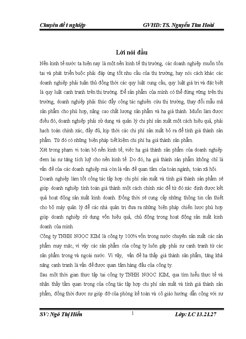 Thực trạng tổ chức công tác kế toán tập hợp chi phí sản xuất và tính giá thành sản phẩm tại công ty tnhh ngọc kim