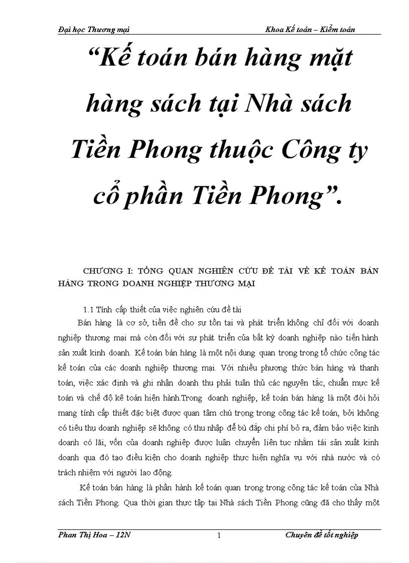 Kế toán bán hàng mặt hàng sách tại Nhà sách Tiền Phong thuộc Công ty cổ phần Tiền Phong 3