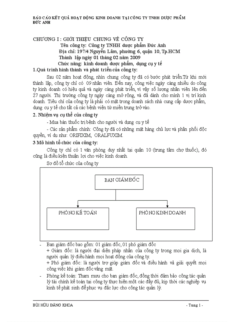 Báo cáo kết quả hoạt động kinh doanh tại công ty TNHH Dược phẩm Đức Anh