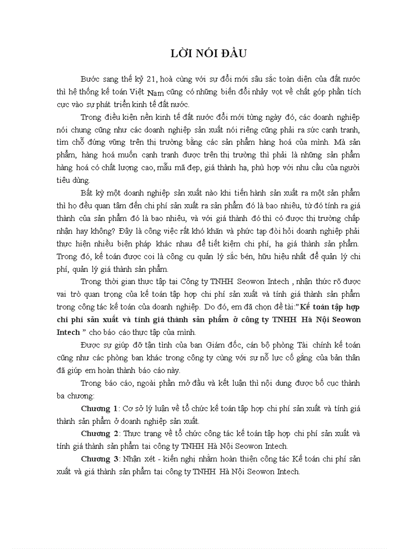 Kế toán tập hợp chi phí sản xuất và tính giá thành sản phẩm ở công ty TNHH Hà Nội Seowon Intech