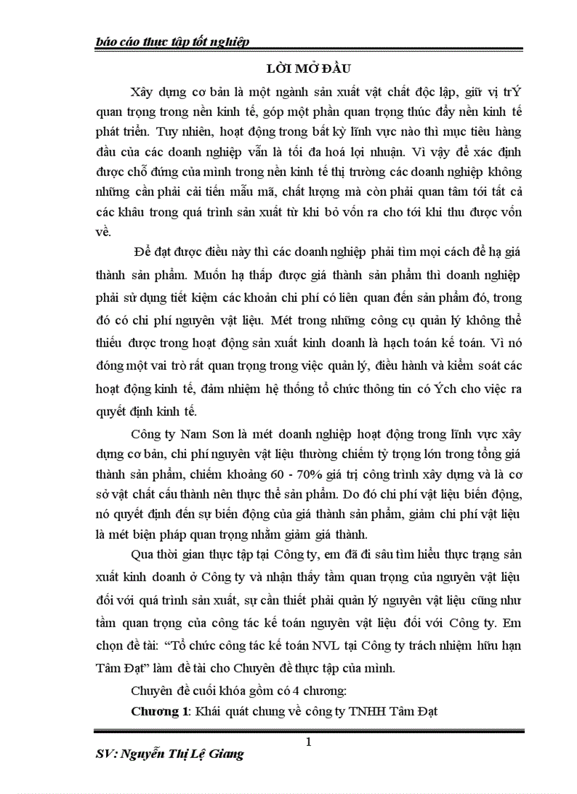 Tổ chức công tác kế toán NVL tại Công ty trách nhiệm hữu hạn Tâm Đạt 1
