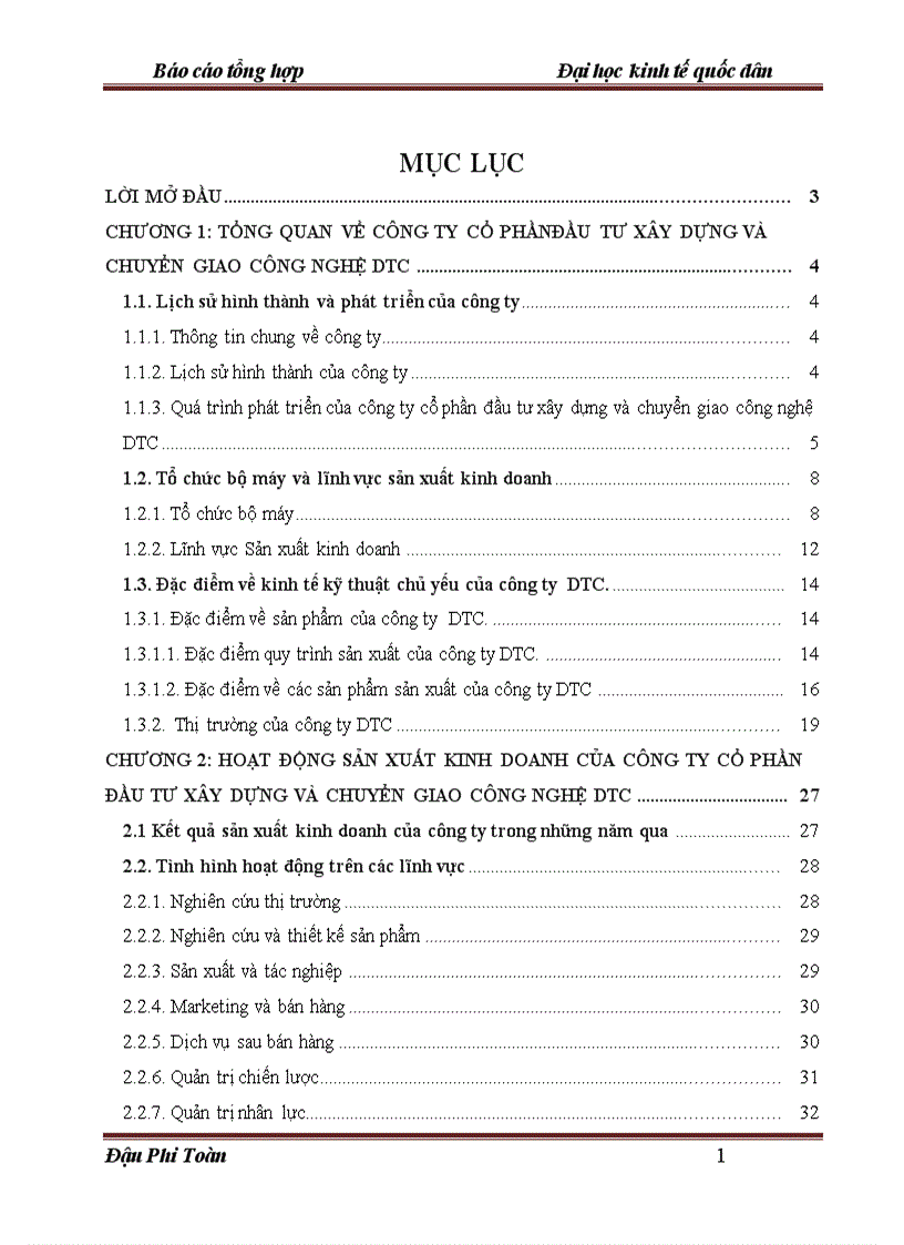 Báo cáo thực tập tại Công ty cổ phần đầu tư xây dựng và chuyển giao công nghệ DTC