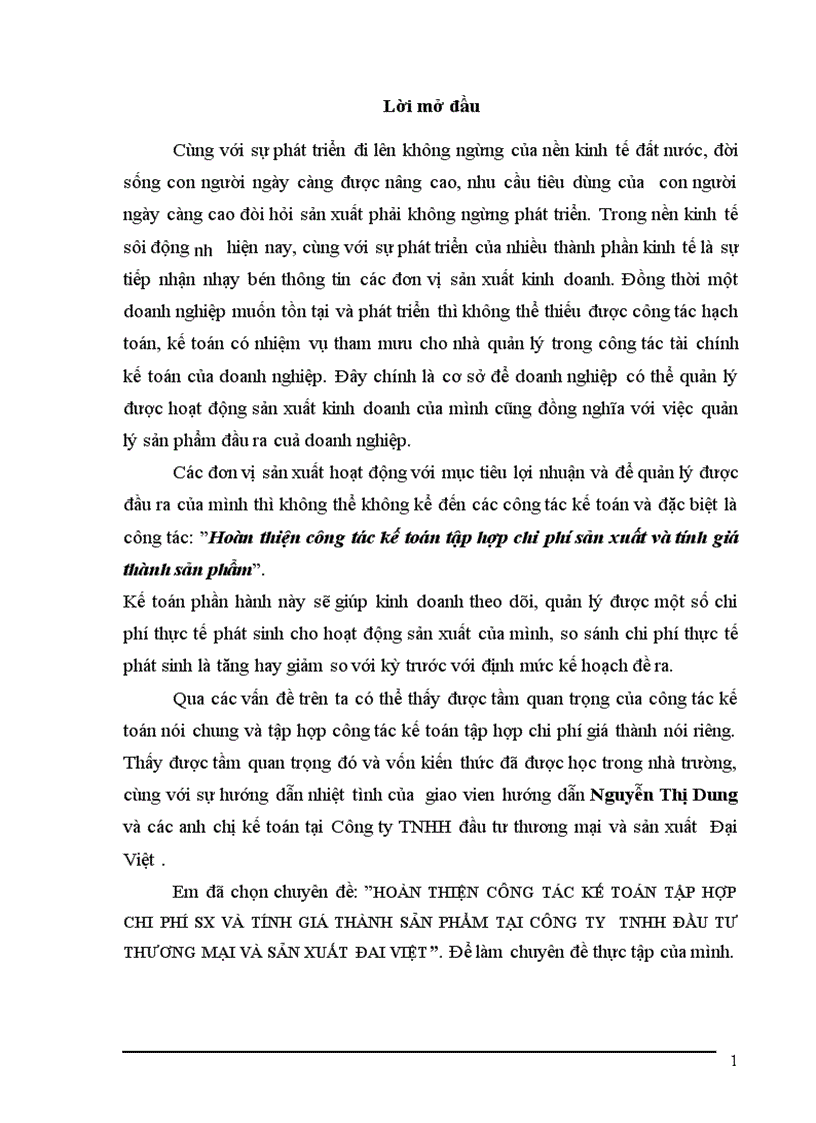 Kế toán tập hợp chi phí sản xuất và tính giá thành sản phẩm Công ty Đại Việt