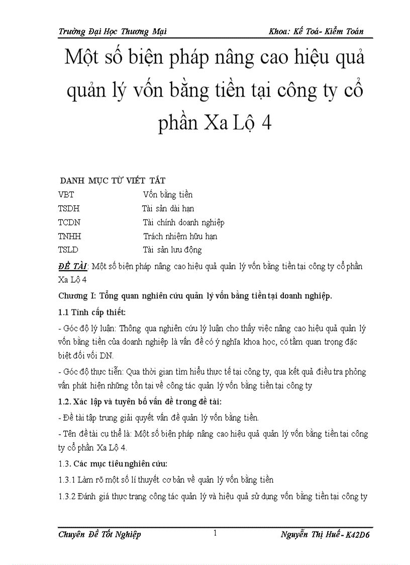 Một số biện pháp nâng cao hiệu quả quản lý vốn bằng tiền tại công ty cổ phần Xa Lộ 4 5