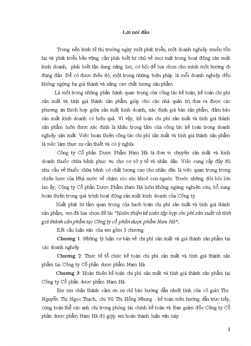 Hoàn thiện kế toán tập hợp chi phí sản xuất và tính giá thành sản phẩm tại Công ty cổ phần dược phẩm Nam Hà