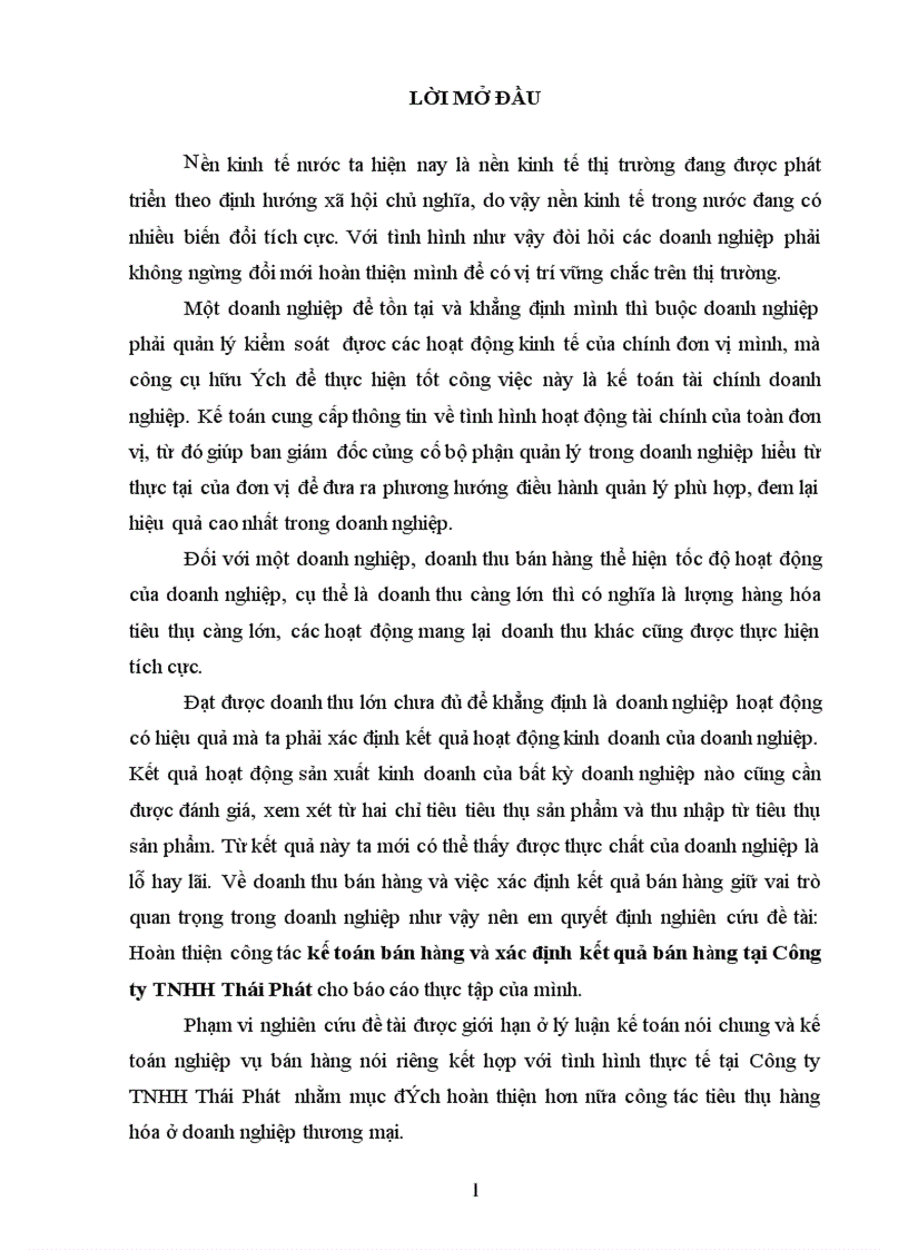 Thực trạng tổ chức công tác kế toán nghiệp vụ bán hàng và xác định kết quả bán hàng tại Công ty TNHH Thái Phát