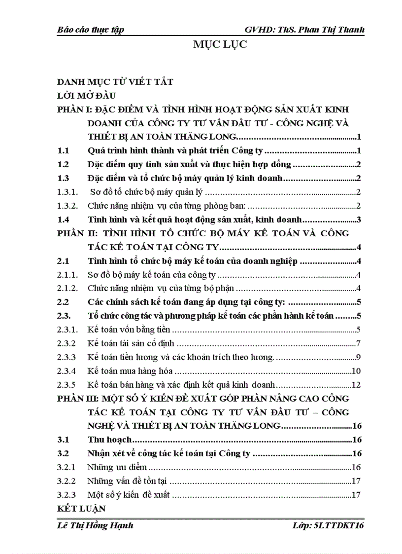 Thực trạng công tác kế toán tại công ty TNHH Tư vấn Đầu tư Công nghệ và Thiết bị an toà Thăng Long