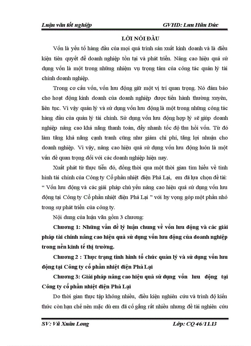 Vốn lưu động và các giải pháp chủ yếu nâng cao hiệu quả sử dụng vốn lưu động tại Công ty Cổ phần nhiệt điện Phả Lại