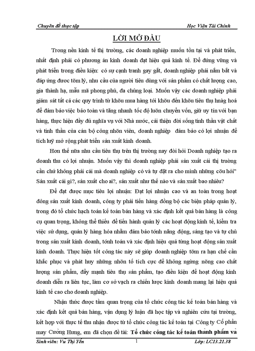 Hoàn thiên công tác kế toán thành phẩm và bán hàng tại công ty cổ phần may Cường Hưng