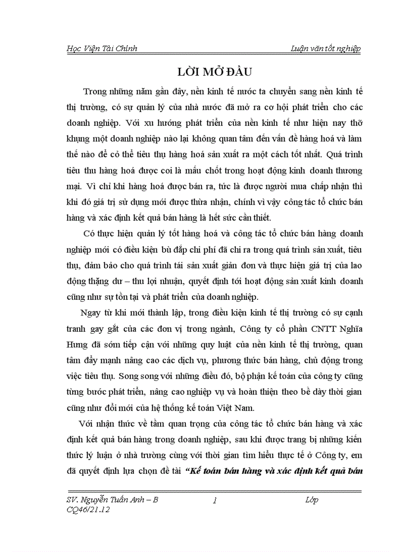 Kế toán bán hàng và xác dịnh kết quả bán hàng tại Công ty cổ phần công nghệ thông tin Nghĩa Hưng 1