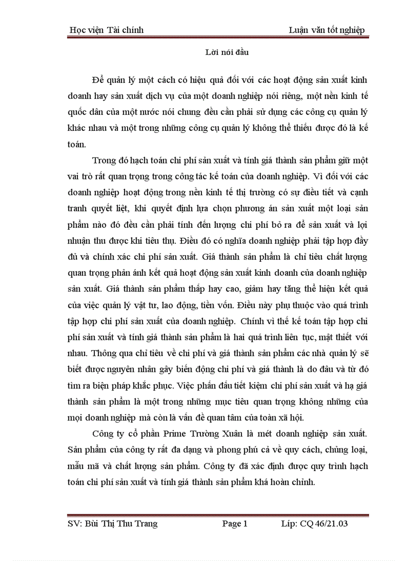 Tổ chức công tác kế toán tập hợp chi phí sản xuất tính giá thành sản phẩm tại công ty cổ phần Prime Trường Xuân 1