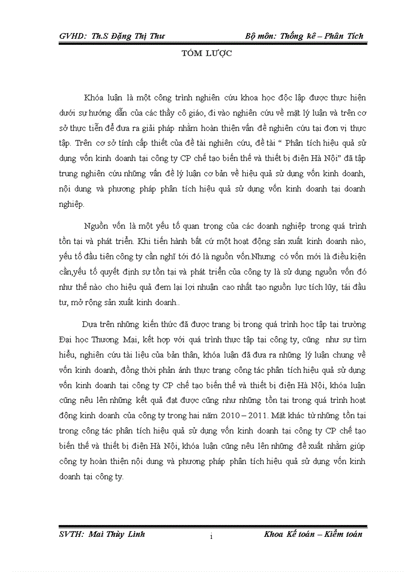 Phân tích hiệu quả sử dụng vốn kinh doanh tại công ty cổ phần chế tạo biến thế và thiết bị điện Hà Nội