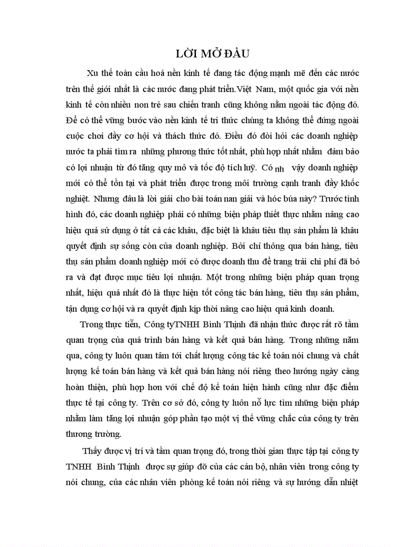 Tổ chức kế toán bán hàng và kết quả bán hàng tại Công ty TNHH Bỡnh Thịnh