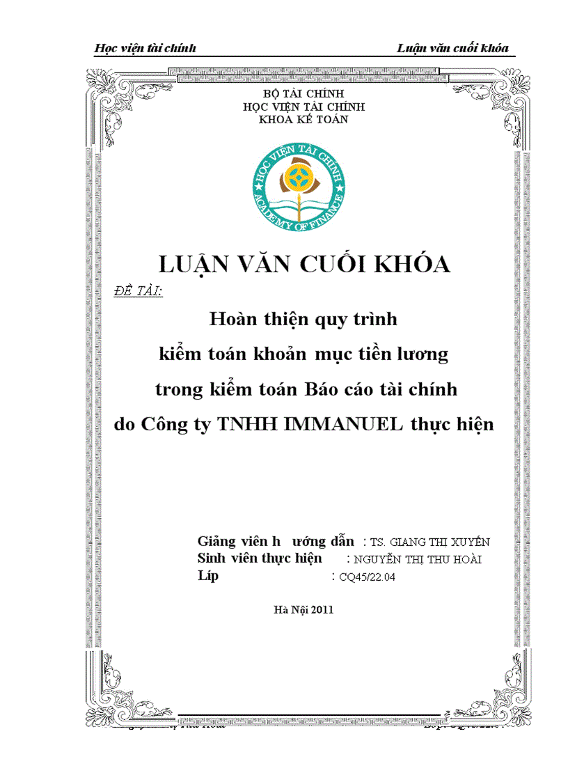 Hoàn thiện quy trình kiểm toán khoản mục tiền lương trong kiểm toán Báo cáo tài chính do Công ty TNHH IMMANUEL thực hiện