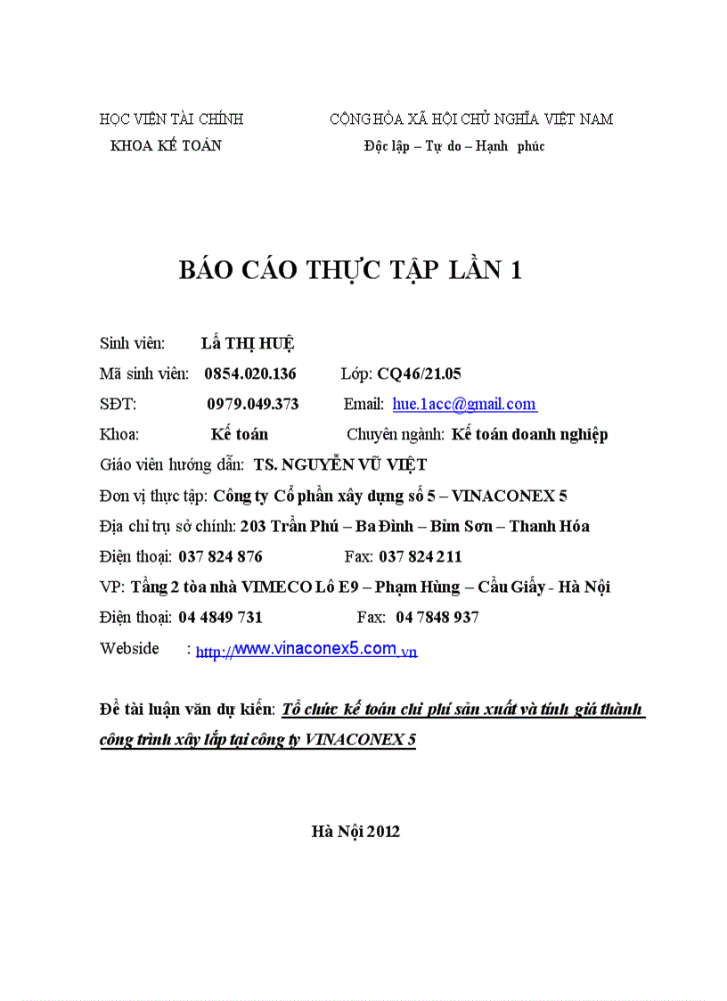 Tổ chức kế toán chi phí sản xuất và tính giá thành công trình xây lắp tại công ty VINACONEX 5