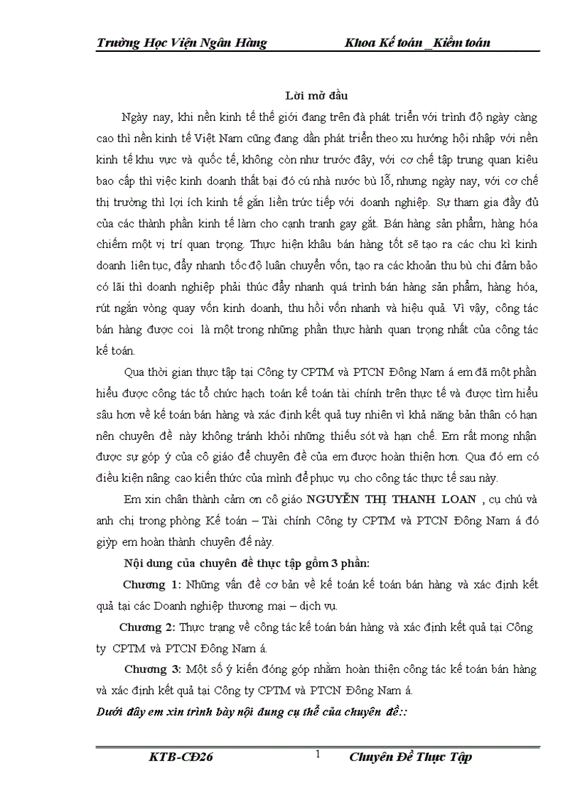 Thực trạng về công tác kế toán bán hàng và xác định kết quả tại Công ty CPTM và PTCN Đông Nam á 1