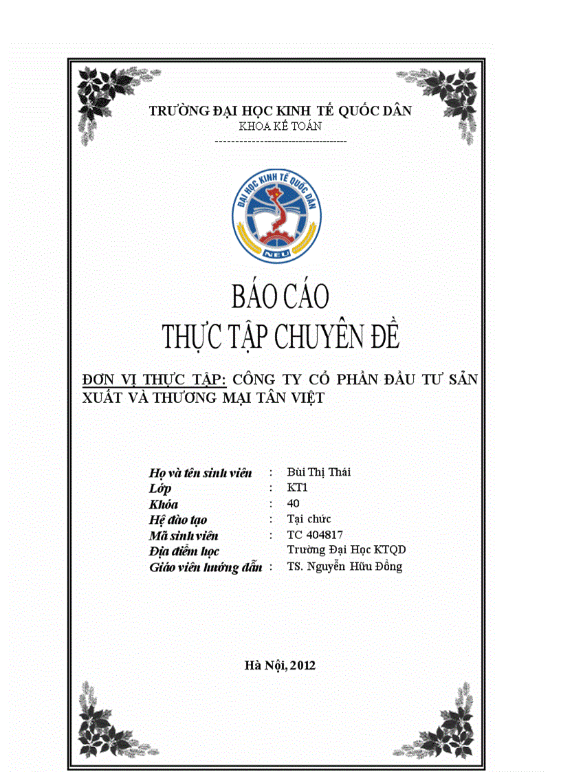 Báo cáo thực tập tổng hợp kế toán công ty cổ phần đầu tư sản xuất và thương mại TÂN VIỆT