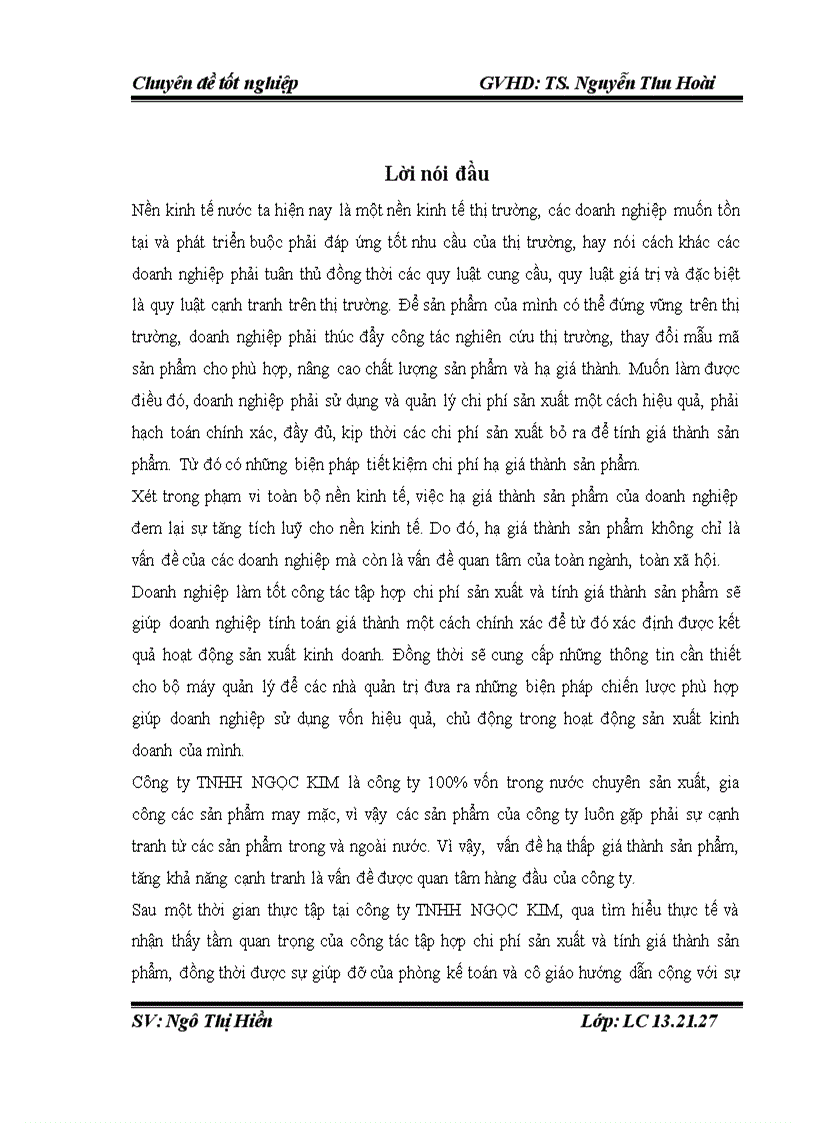 Tổ chức công tác kế toán tập hợp chi phí và tính giá thành sản phẩm ở công ty TNHH NGỌC KIM